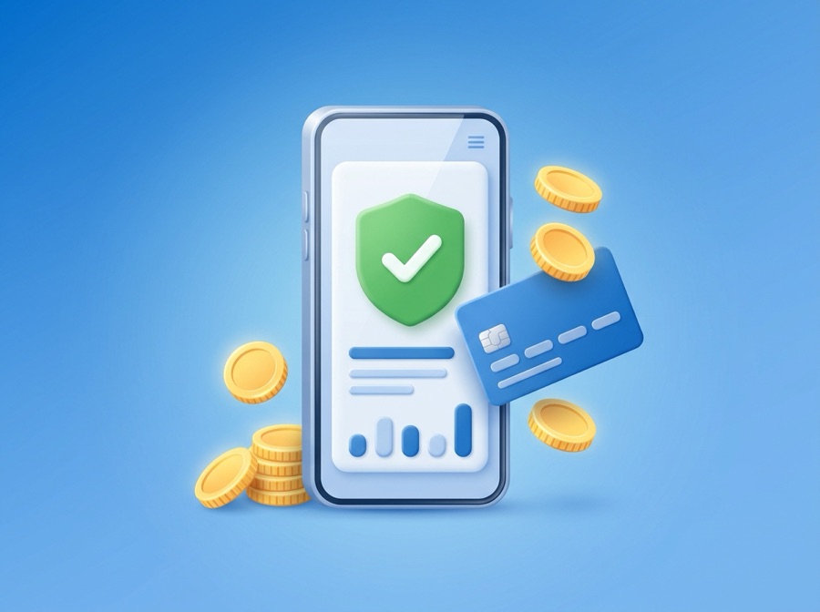 Celular com escudo de segurança, cartão e moedas